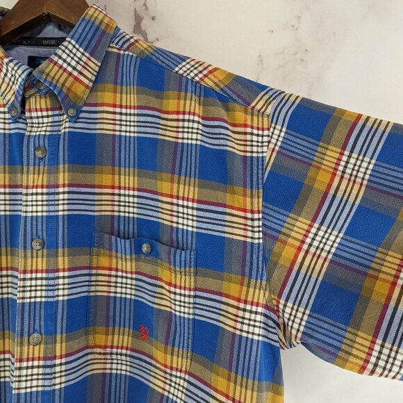 Wrangler Shirt Mens XL Blue Yellow Button Down Plaid Twenty X 20X Short Sleeve - Picture 12 of 12